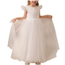 Mädchenkleid mit flatternden Ärmeln, Rundhalsausschnitt, einfarbig, aus Mesh-Tüll, bauschigem Rock, luxuriöses Prinzessinnen-Abendkleid für