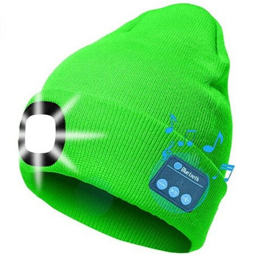 Bonnet rechargeable Bluetooth avec lampe frontale LED, bonnet d'hiver chaud en maille (vert) – Compatible Bluetooth