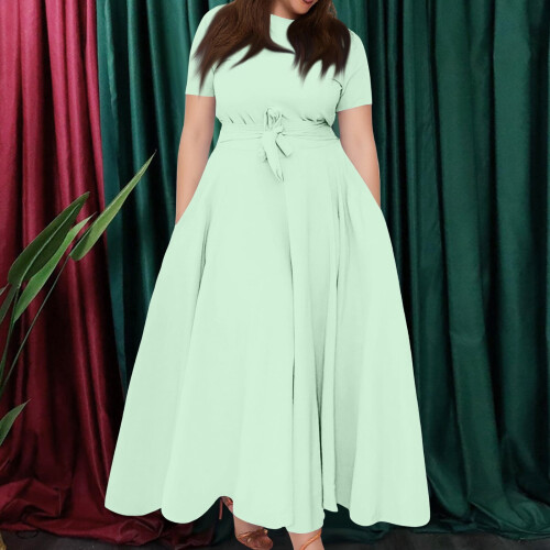 Plus Size Mint Pink Swingkjole med Bindebånd i Taljen til Kvinder 1