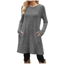 Women's Dark Gray Sweater Dress Long Sleeve Crew Neck Loose