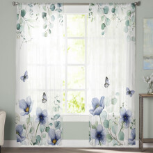 Sheer Curtains 84" Long, Eucalyptus Blue Tulip Farmhouse Style, Light Filtering Voile Drapes (52"W x 84"L, 2 Panels)