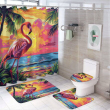 4-Pc Tropical Pink Flamingo Shower Curtain Set w/ Non-Slip Rug, Toilet Lid Cover & Bath Mat (72"x72") – Compatible with Standard Showers