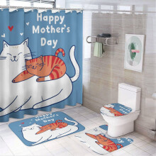 4-Piece Shower Curtain Set: Cat & Kitten Design, Rugs, Toilet Lid Cover, Bath Mat – 72"x72", Happy Mother's Day, Farmhouse Bathroom Decor