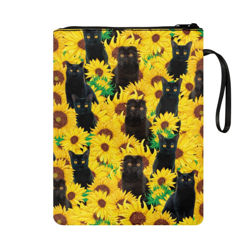 Black Cat Sunflower Book Cover with Zip, 300D Polyester 1