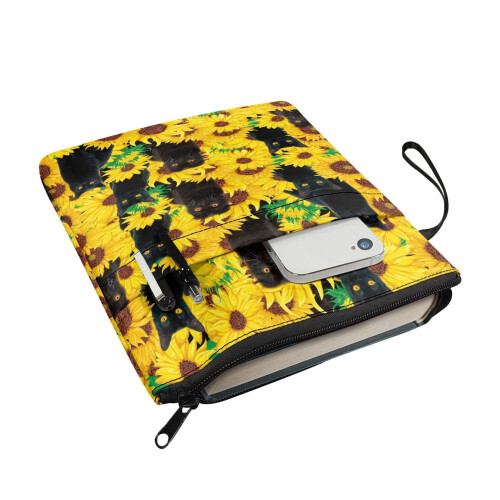 Black Cat Sunflower Book Cover with Zip, 300D Polyester 2