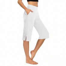 Dames yogabroek met hoge taille en zakken, wijde capri-legging voor workouts, sport of om in te relaxen, 3/4 lengte, wit, maat M