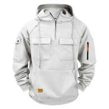 Herensweatshirt met lange mouwen, capuchon en kwartrits, effen kleur, meerdere zakken, casual, functioneel en streetwear design, eenvoudig en