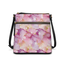 Roze leren crossbodytas met marmerprint en sterrenmotief voor dames – Trendy multifunctionele messengerbag met ritssluiting, geschikt voor werk