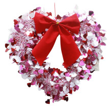 Valentijnsdagkrans 35 cm (13,8 inch) met lametta in hartvorm, rood, voordeurdecoratie, huwelijks-/jubileumdecoratie, wanddecoratie, glanzende