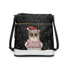 Kerstkattenmuts met lichtjes en sneeuwvlokken, PU-leren crossbodytas voor dames, verstelbare brede schouderband, ideaal voor reizen en winkelen.