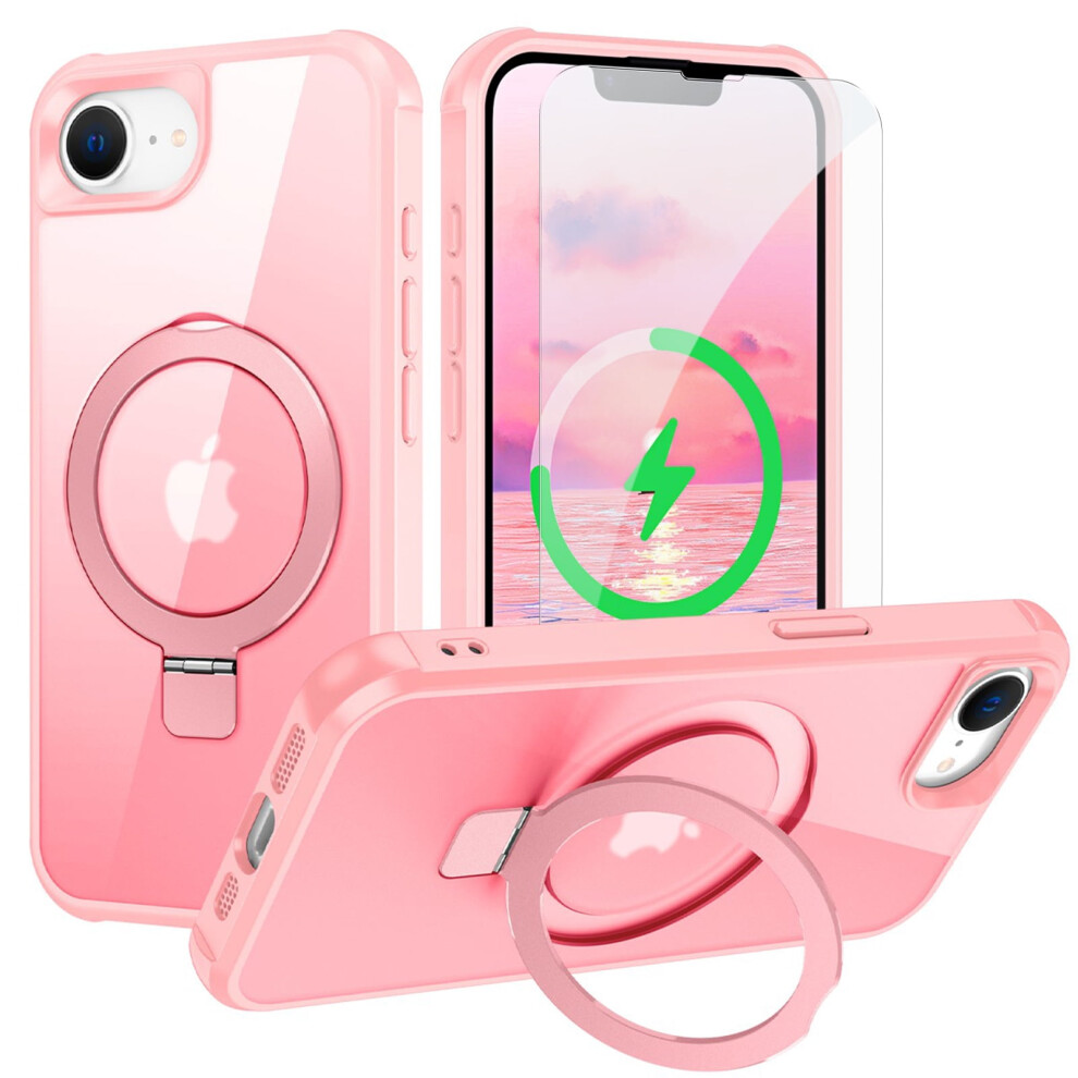 Iphone 16E Case With Screen Protector, Magsafe Compatible, Military-Grade Drop-Tested Translucent Cover With Ring Stand Â Pink 9482726263197