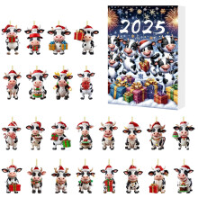 2025 Christmas Advent Calendar, 24 Pcs Acrylic Cow 2D Flat Hanging Ornaments, Christmas 24 Days Countdown Calendar, Party Favor Gifts for Grandkids