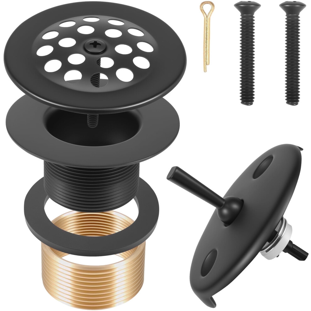 Matte Black Bathtub Drain Kit For 1-1/2" & 1-3/8" Drains, Trip Lever Stopper With Strainer, Overflow & Screws 9482726263630