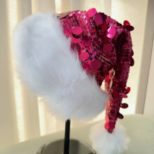 Sequin Christmas Santa Claus Hat with Faux Fur,Deluxe Holiday Sparkly Sequins Christmas Hat Headwear Accessories