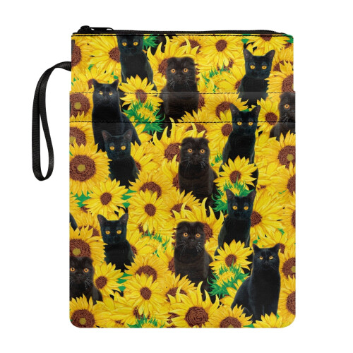 Black Cat Sunflower Book Cover with Zip, 300D Polyester