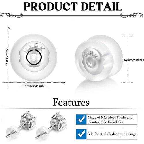 Silicone & Sterling Silver Locking Earring Backs for Studs, Hypoallergenic, Compatible with Most Stud Earrings 2
