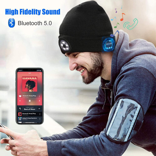Morttic Bluetooth-muts met licht, stereoluidsprekers en microfoon, USB-oplaadbare 5-led-hoofdlamp, compatibel met iPhone/Android 1