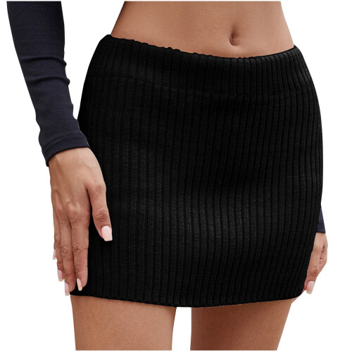 Damen-Strickrock mit hohem Bund, Schwarz-Weiß, Uni, Stretch 1