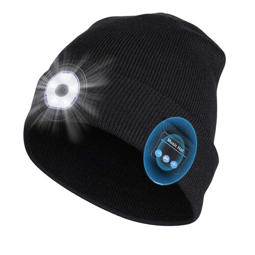 Morttic Bluetooth-muts met licht, stereoluidsprekers en microfoon, USB-oplaadbare 5-led-hoofdlamp, compatibel met iPhone/Android