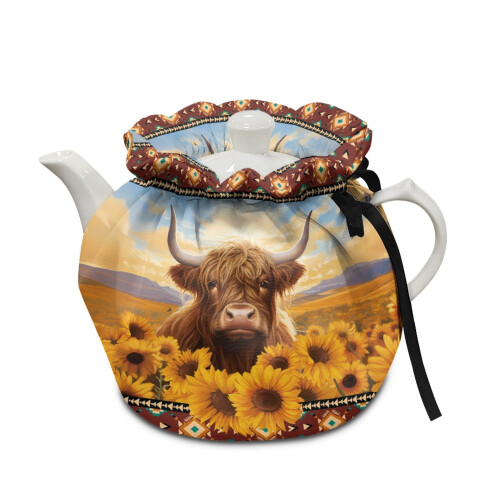 Τσάι Ηλίανθου Highland Cow Cow Cosy για Τσαγιέρα – Μονωμένο, Ελαστικό & Κορδόνι, Αζτέκικο