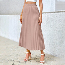 Women's Satin Pleated Midi Skirt Elastic High Waist