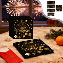 Zwart en Goud 2026 Gelukkig Nieuwjaar Feest Servies Set, Wegwerp Papieren Bekers en Borden voor Feestdagen, Familie en Vieringen