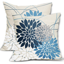 Blaue, 50 x 50 cm große Leinenkissenbezüge mit Blumenmuster im Landhausstil, 2er-Set – Passend für Standard-Quadratkissen