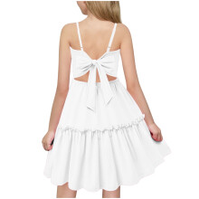 Rochie de vară pentru fete, cu bretele spaghete, tiv cu volane în straturi și fundă decupată la spate - Rochie de plajă casual pentru copii