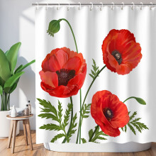 Douchegordijn met klaprozenmotief, rode stof met bloemenprint, badkamergordijn met bloemenmotief, woondecoratieset met haken, machinewasbaar, 72x72