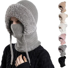 3-in-1 muts voor dames, thermische gebreide wintermuts met capuchon en fleecevoering, nekwarmer en gezichtsbedekking in één.