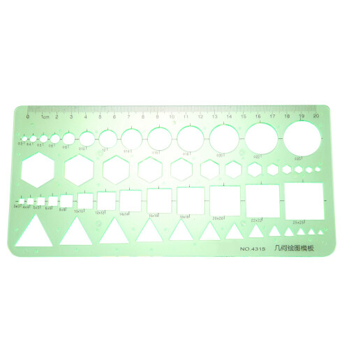 2X Green Plastic Circles Squares HeXagons Geometric Template Ruler 0-20cm 1