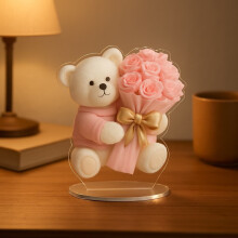 Little Bear Embracing Flower Acrylic Ornament, Girl's Heart Desktop Decoration, Valentine's Day Confession Gift, Ins Style Cute Table Display
