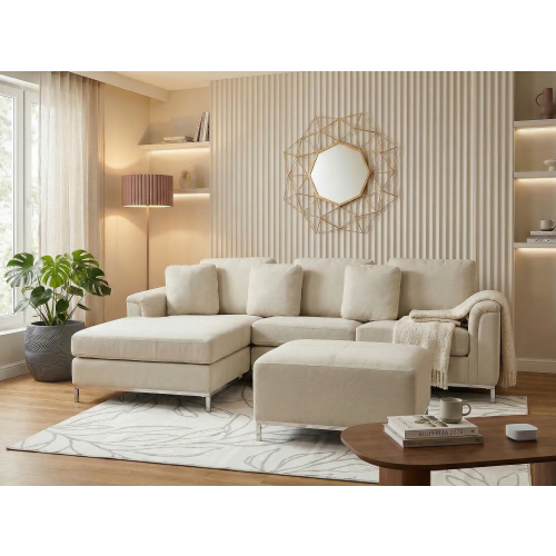 Beliani Corner Sofa OSLO with Ottoman Fabric Beige Right Hand 1