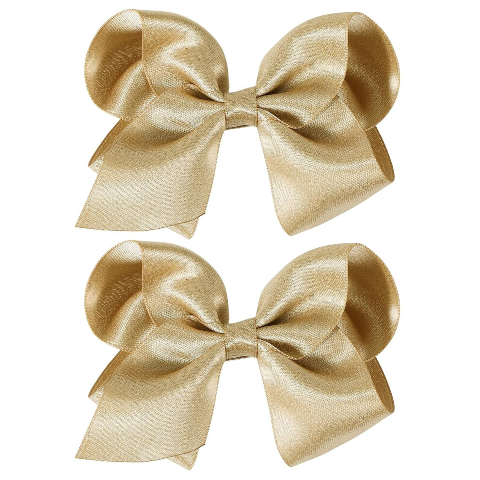 Glitter Gold Ribbon Hair Bows Clips 3" 2 Pcs