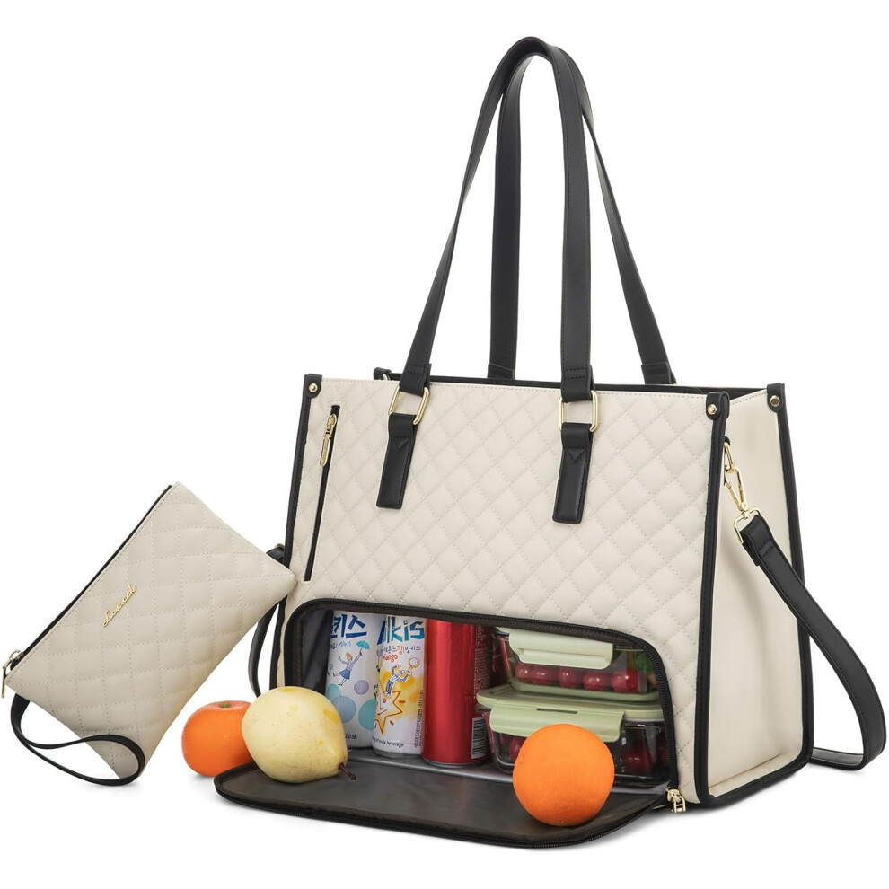 Lunch Tote Bag For Women, 15.6" Laptop Bag With Insulated Lunch Compartment, Quilted Large Capacity Handbag Â Black 9482726268345