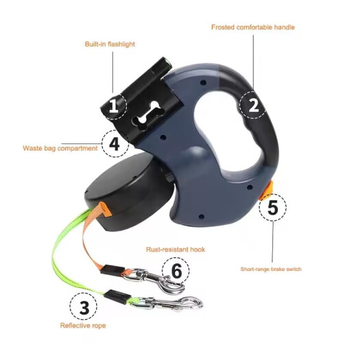 Dual Retractable Dog Leash with Flashlight and Poop Bag 2