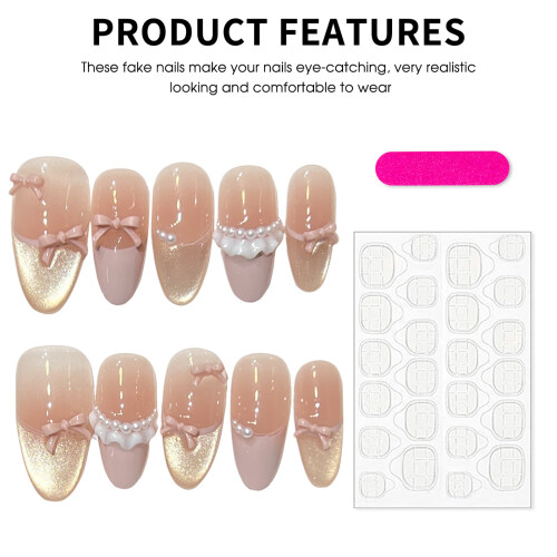 (M) Glossy Pink Cat Eye False Nails, Durable for Work & Party 2