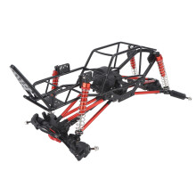 Chassi de carro RC com amortecedores independentes, estrutura durável em aço com engrenagens internas, tração nas quatro rodas, design compacto e