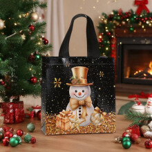 Schwarze Weihnachtsgeschenktasche aus Vliesstoff – Wiederverwendbar, stabile Griffe, festliche Motive (Weihnachtsmann, Schneeflocke, Rentier, Baum)