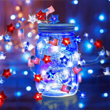 LED Red White Blue String Lights, Battery Operated with Remote & Timer, Patriotic Star Lights for 4th of July, President's Day, Memorial Day