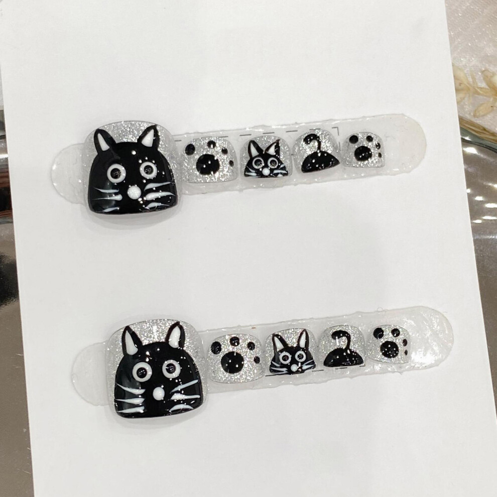 Dachuang Beauty Black (M) Cat-Printed Fake Toenails For Work & Party