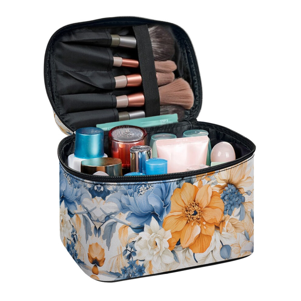 Travel Makeup Brush Case Polyester Double Zipper Multifunctional Large Capacity Makeup Bag Watercolor Blue and White Chrysanthemum Flower