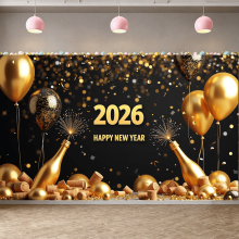 Nachtstadtpanorama, Neujahrsbanner, glitzerndes Feuerwerk, festliches Design für Partydekoration, Feiertagsveranstaltungen