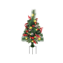 75 cm großer, beleuchteter Weihnachtsbaum-Pflanzkasten für den Außenbereich mit LED-Lichtern, goldroten Beeren, Dreibein-Erdspieß, kabellos und