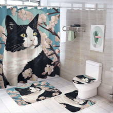 Cat with Flowers 4-Pc Shower Curtain Set, Waterproof, Spring Bathroom Decor, Compatible with Standard Shower Rods