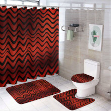 4-Pc Red Zigzag Shower Curtain Set w/ Black & Brown Stripes, Non-Slip Rugs, Toilet Mat, Lid Rug, Chevron Design, 12 Hooks
