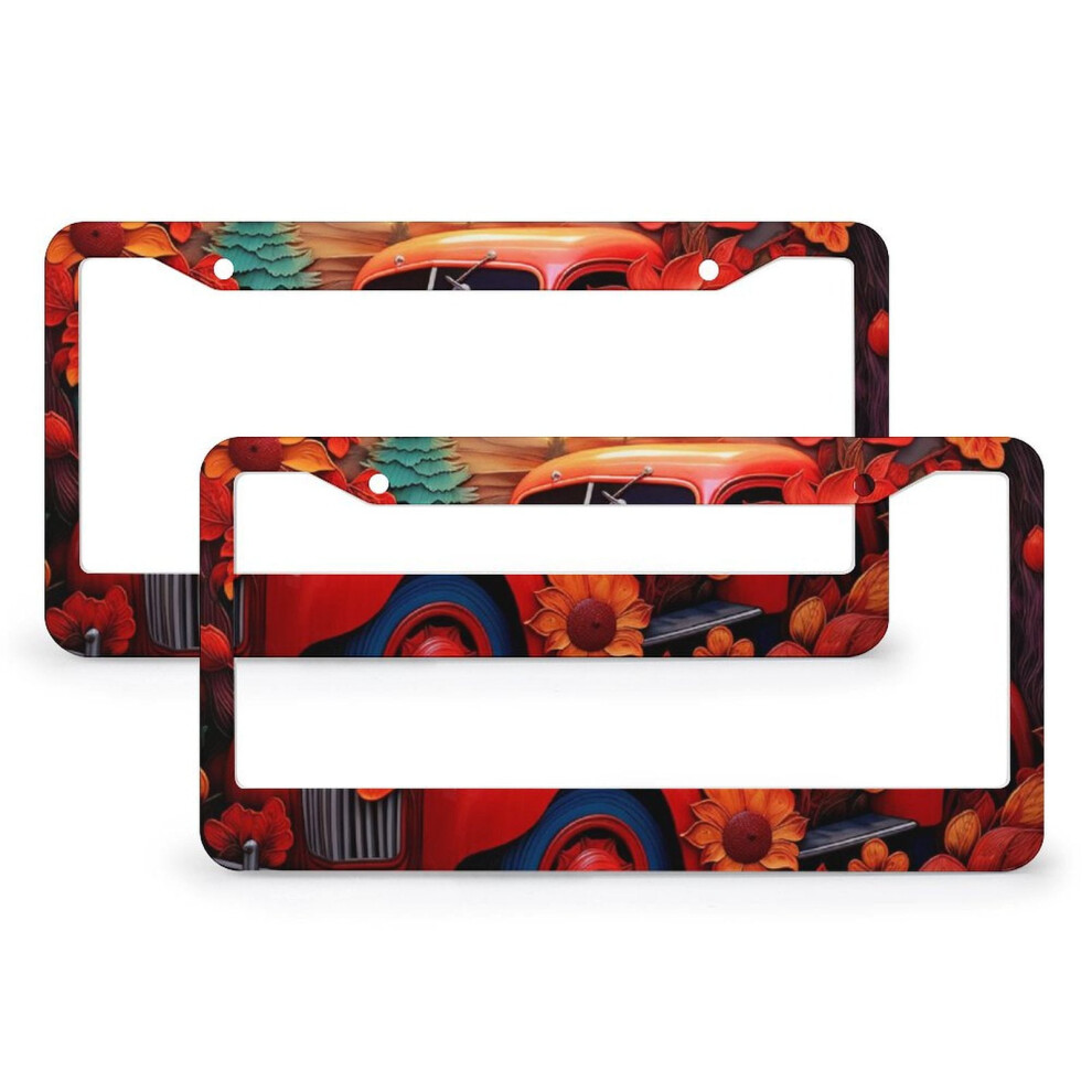 2 Pack Truck Sunflowers And Maple Leaves License Plate Frame Autumn Thanksgiving Personalized License Plate Frame Metal 2 Holes For Men/Women Red 9464372671922