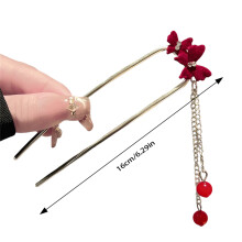 (U Shape Tassel Hairp) Red Butterfly U-Shaped Hairpin for Bride Updo