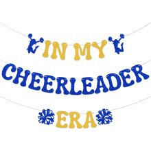 Banner in goud- en blauw thema voor een verjaardagsfeest in de stijl van een cheerleader.