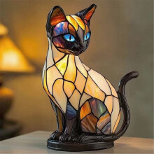 Lampe chat vintage en résine vitrail, veilleuse LED USB